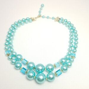 Vintage Blue Two Strand Beaded Necklace, Graduated Size Adjustable Clasp, Estate